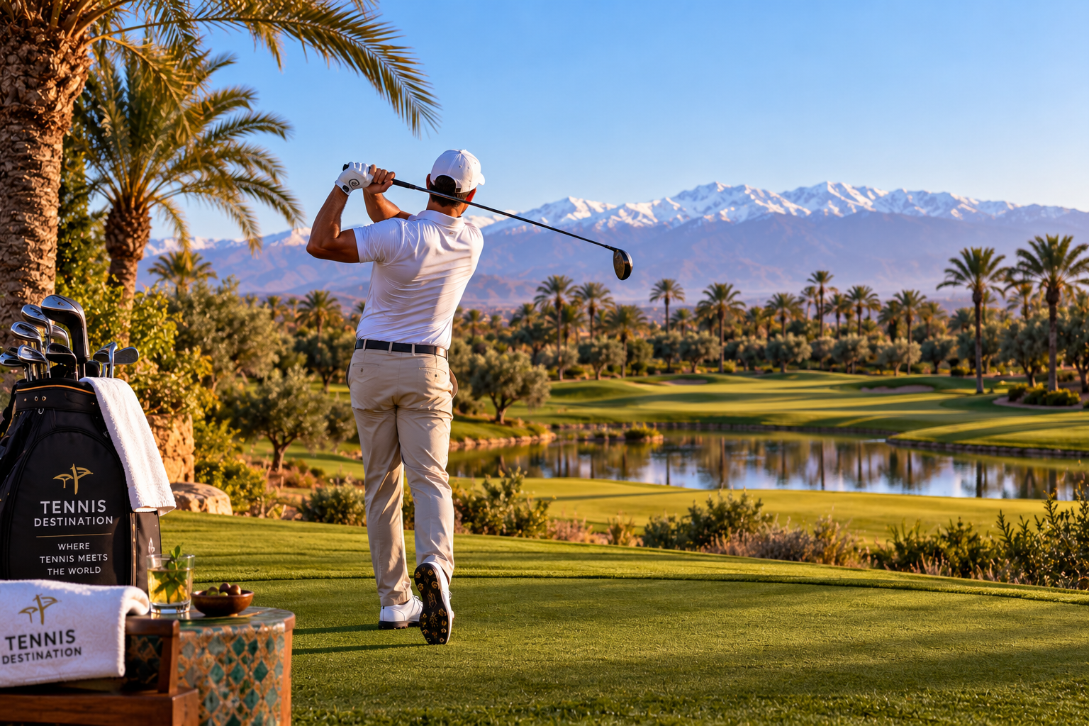 Golfer playing on a luxury golf course in Morocco with palm trees and the Atlas Mountains