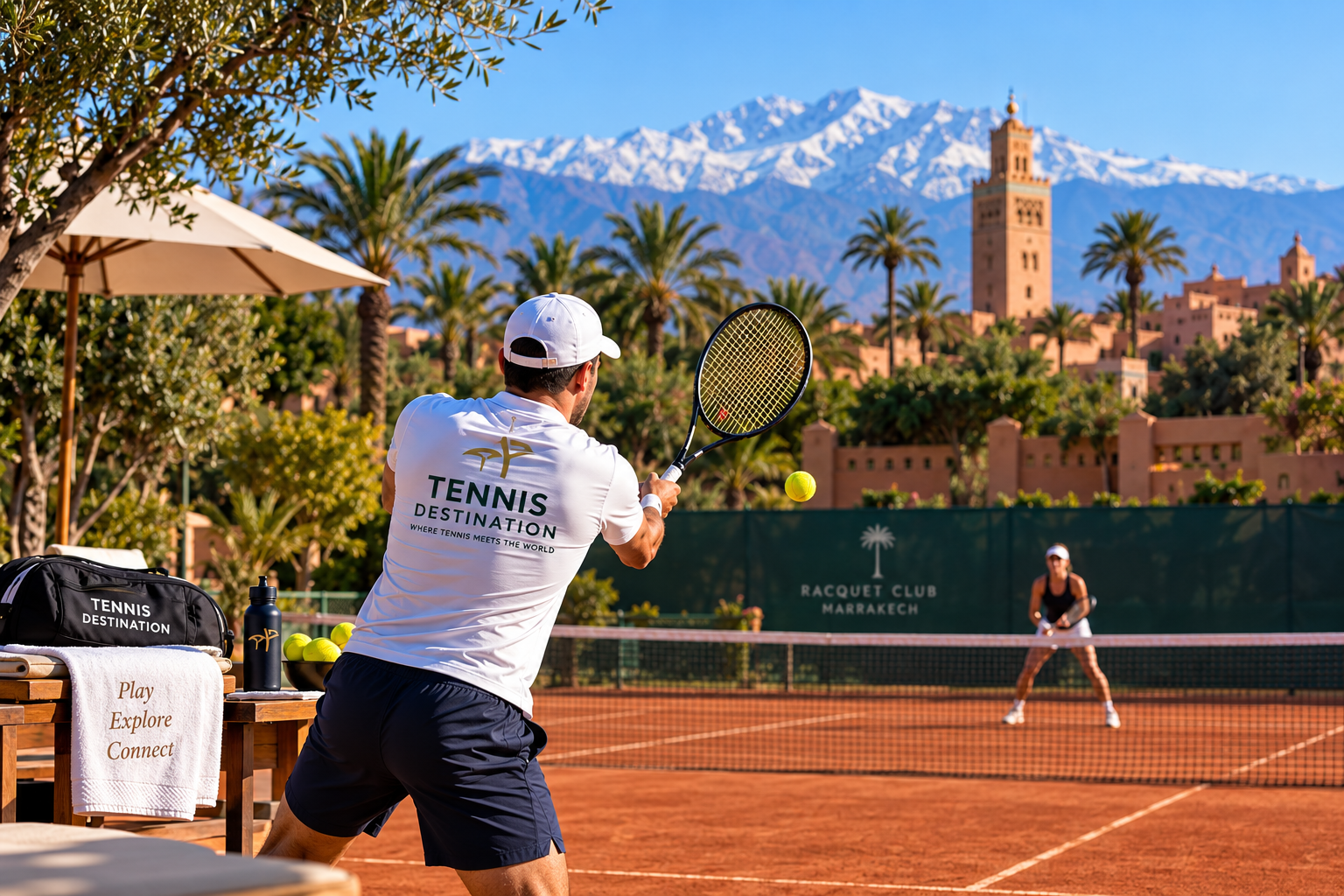Tennis player on a clay court in Morocco with the Atlas Mountains in the background