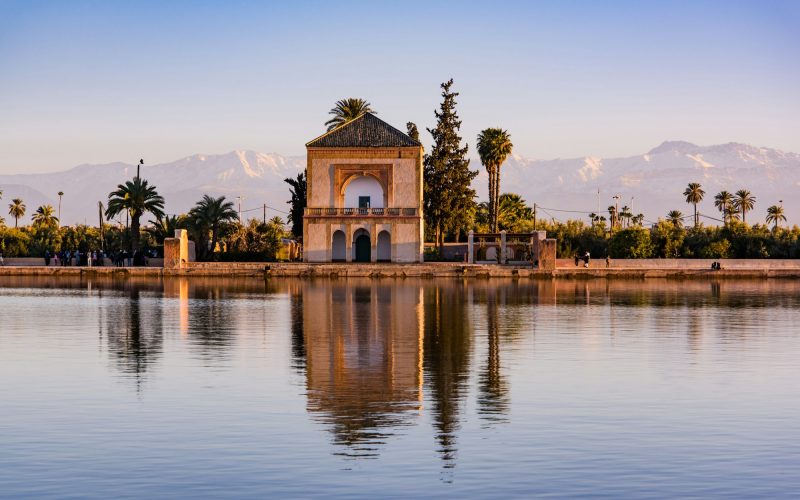 Saadian pavilion,Menara gardens and Atlas in Marrakech, Morocco,